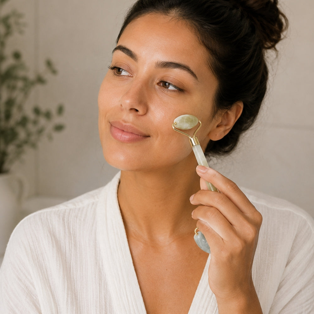 Woman using a facial roller on her face with a neutral background