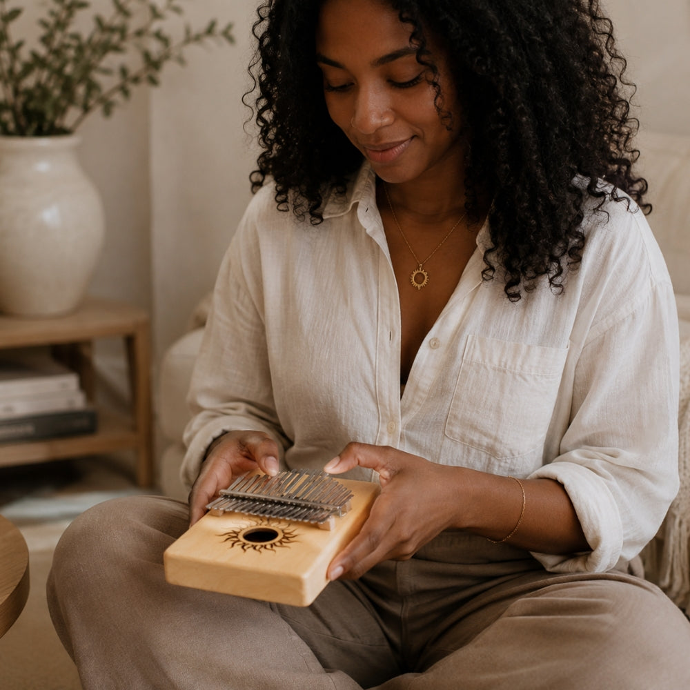A woman with curly black hair sits cross-legged indoors, holding and playing a small wooden kalimba thumb piano. She wears a white button-up shirt and taupe pants in a softly lit, cozy room with a plant and side table in the background.