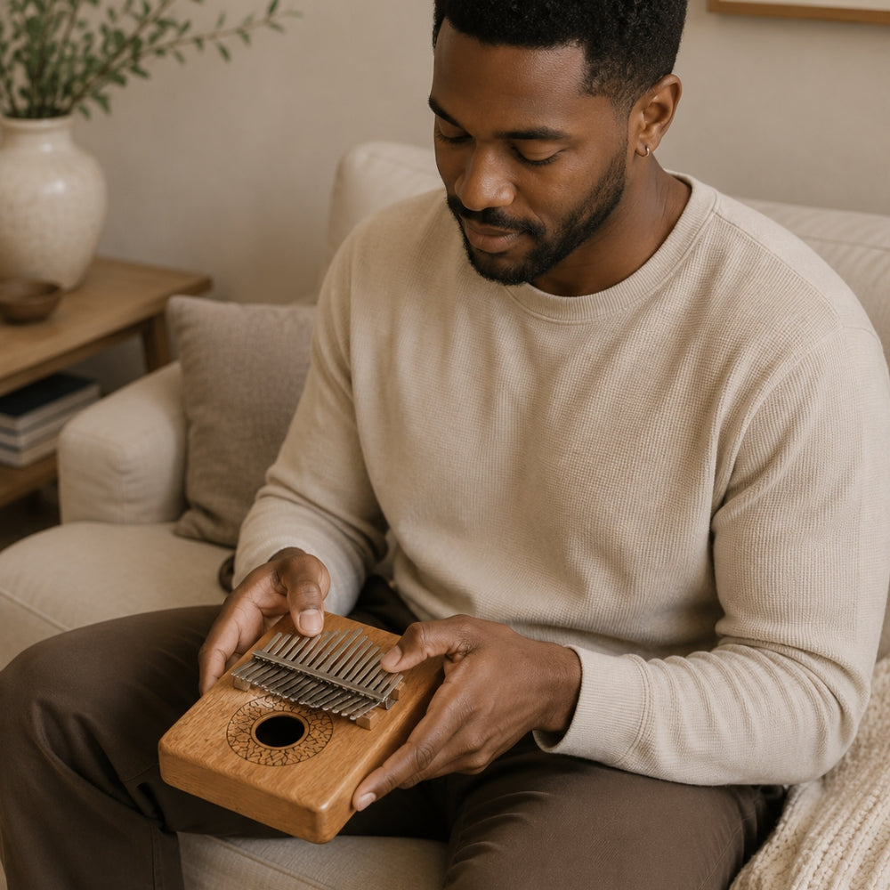 A man sitting on a beige couch in a cozy living room setting, holding and playing a wooden thumb piano.