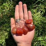 Hand holding a carnelian keychain against a grassy background