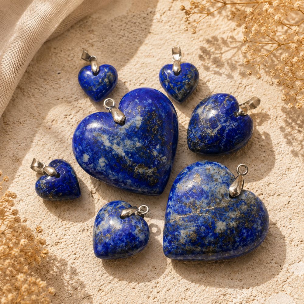 Lapis Lazuli heart pendants in assorted sizes displayed on a natural stone surface