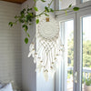 White dreamcatcher with feathers hanging in a room with a window and plant.