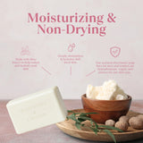 Shea butter soap bar and soap bars in a bowl with text about moisturizing and non-drying properties.