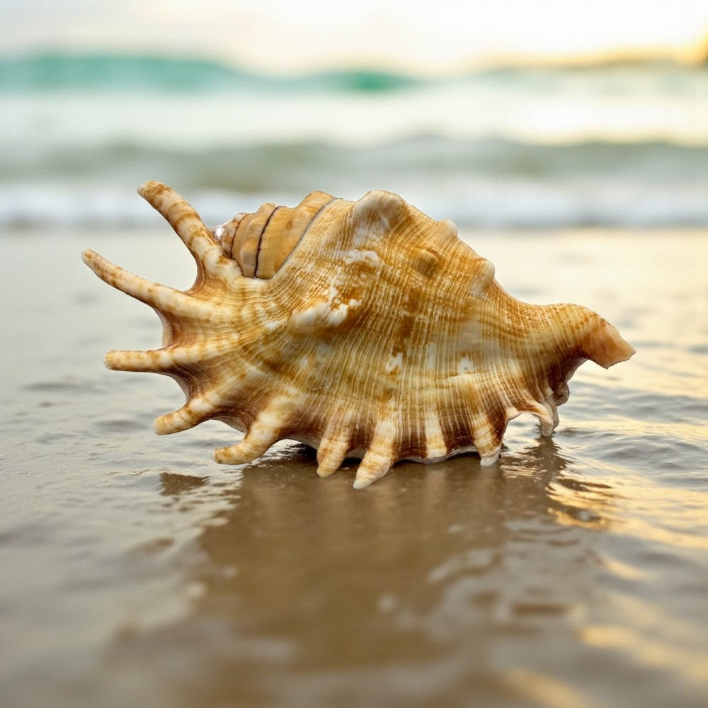 Melleped Spider shell on a beach with water in the background