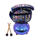 A colorful patterned zippered travel drum bag with a metallic blue and purple steel tongue drum placed in front, plus two wooden mallets with black ends, on a plain white background.