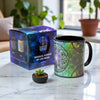 Mug with flower of life design next to packaging on a marble surface