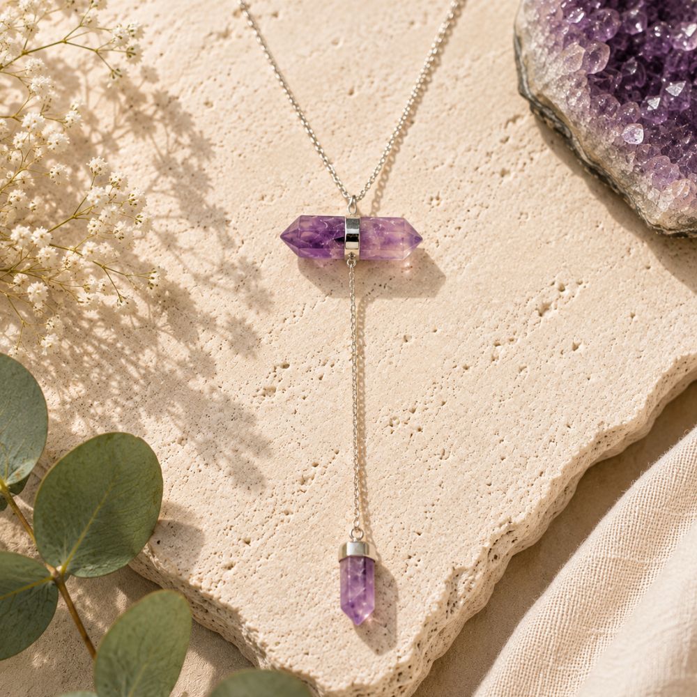 Amethyst Y necklace with horizontal double-point crystal and dangling amethyst point on silver chain.