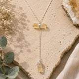 Citrine double crystal Y necklace with horizontal point and dangling citrine pendant on a silver chain.