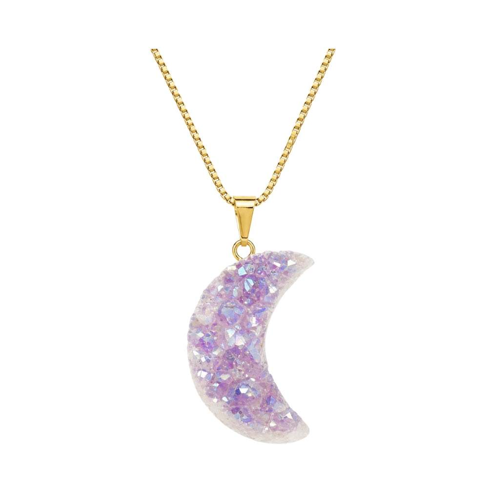 A gold chain necklace with a crescent moon pendant covered in iridescent glitter, shown against a plain white background.