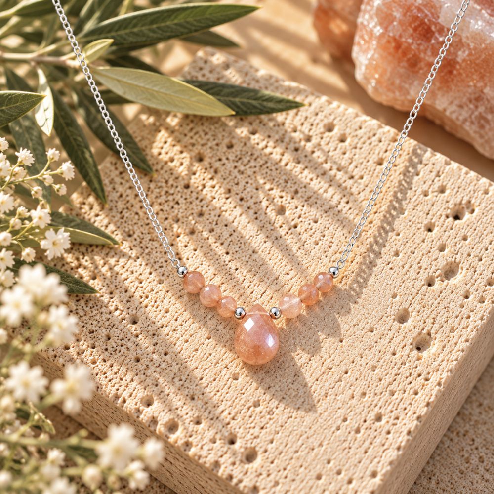 Sunstone beaded necklace featuring a faceted peach teardrop pendant, small sunstone beads, and sterling silver chain, displayed on natural travertine with olive branches and delicate white flowers.