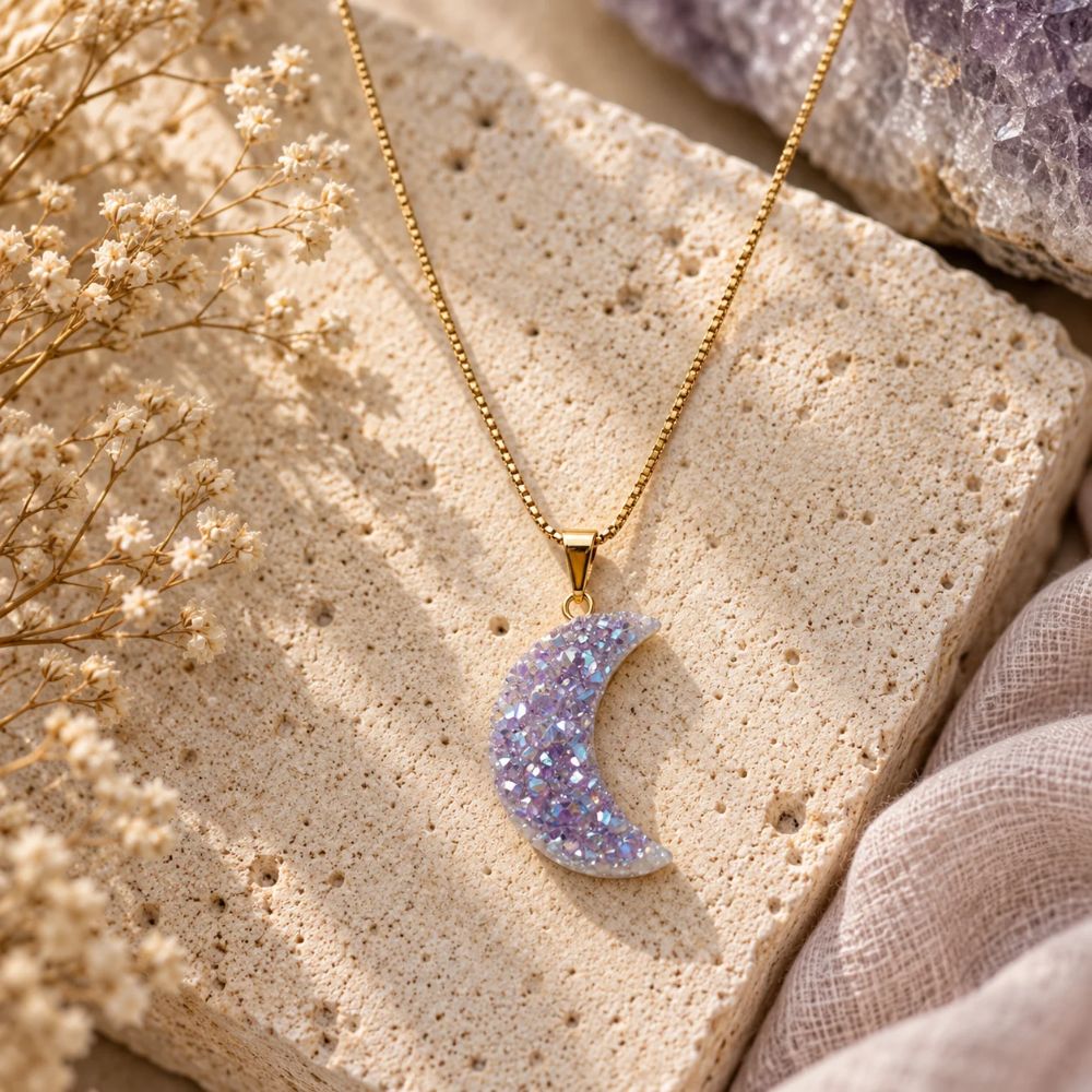 Lavender Druzy Aura Moon Crystal Necklace with an iridescent crescent moon pendant and gold chain, displayed on natural beige stone with delicate dried flowers.