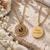 Front and back views of the Earths Elements gold Flower of Life Tiger's Eye necklace, featuring a geometric pendant and Divine Connection engraving, styled on natural stone.