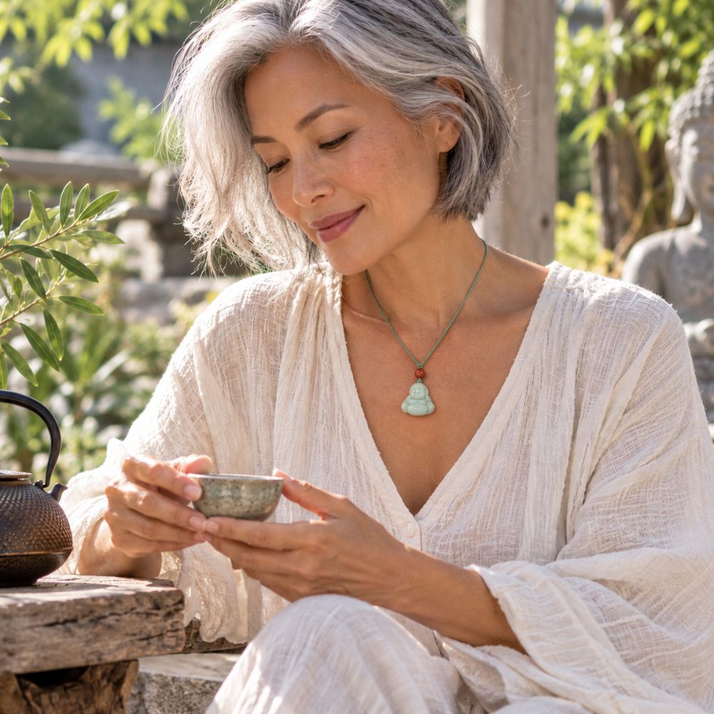 Woman wearing a delicate green cord necklace with a small carved jade Buddha pendant and red accent bead, styled with light-colored clothing in a serene outdoor setting.