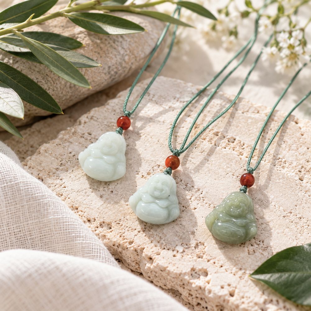 Three carved jade Buddha necklaces in white and soft green, featuring delicate green cords and red accent beads, arranged on natural stone with olive branches and soft daylight.