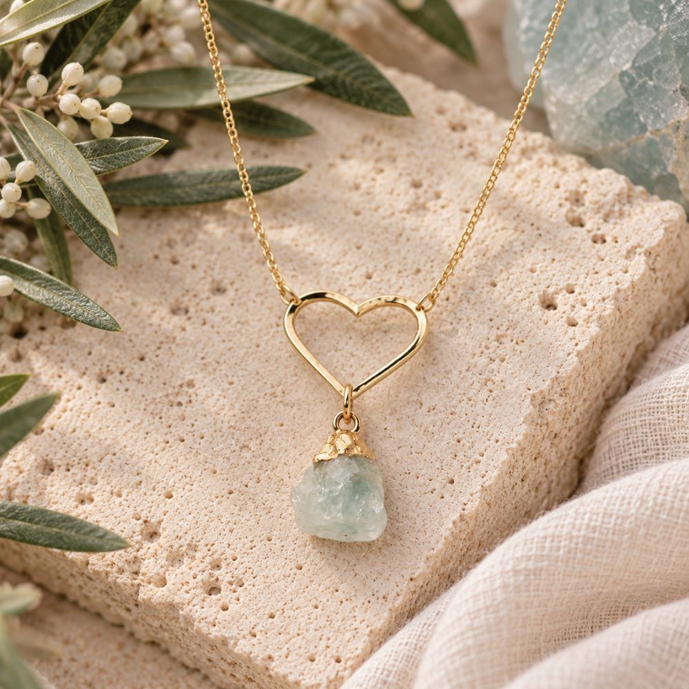 Raw aquamarine crystal necklace with a gold open-heart pendant and delicate chain, styled on natural limestone with olive branches and soft neutral accents.