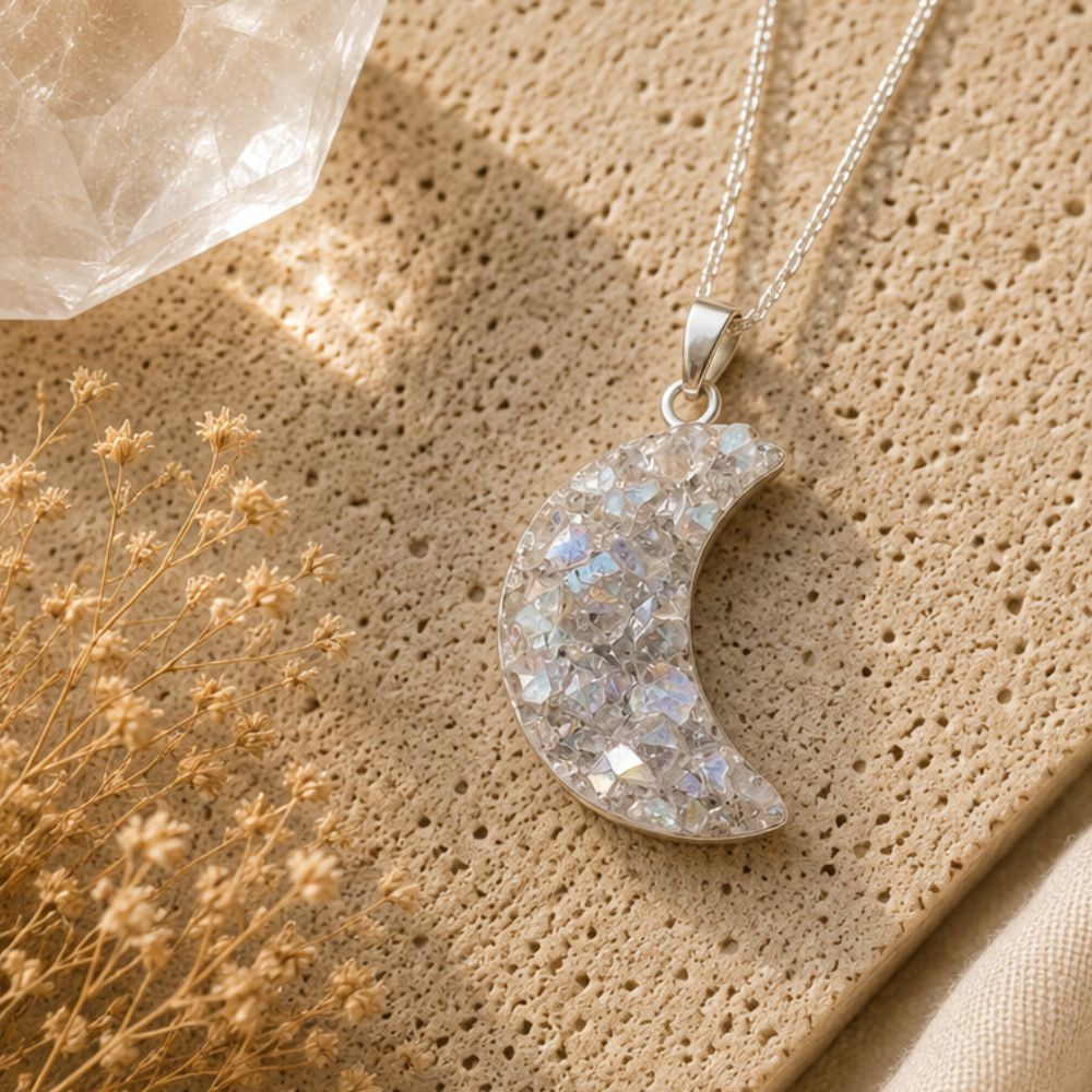 Crescent moon-shaped pendant necklace on a textured beige surface with dried flowers.