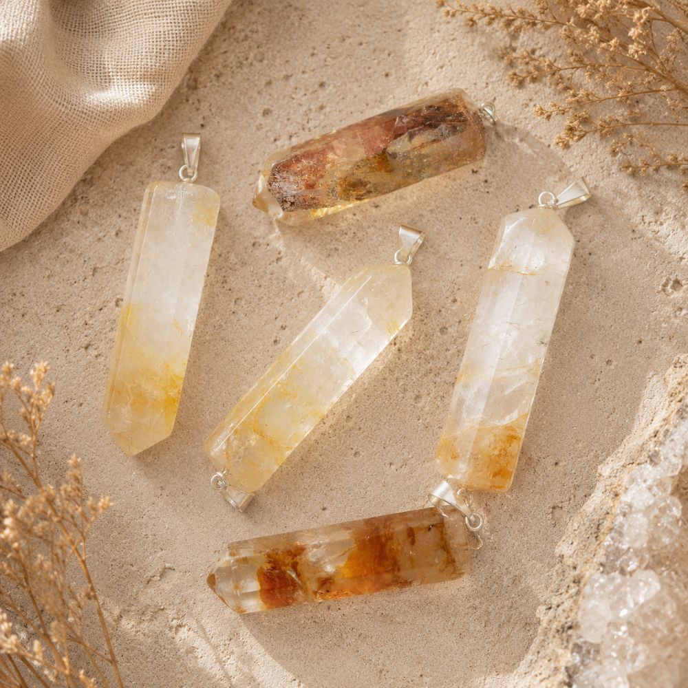 Raw Citrine point pendants displayed on a natural stone surface with soft linen and dried botanicals.
