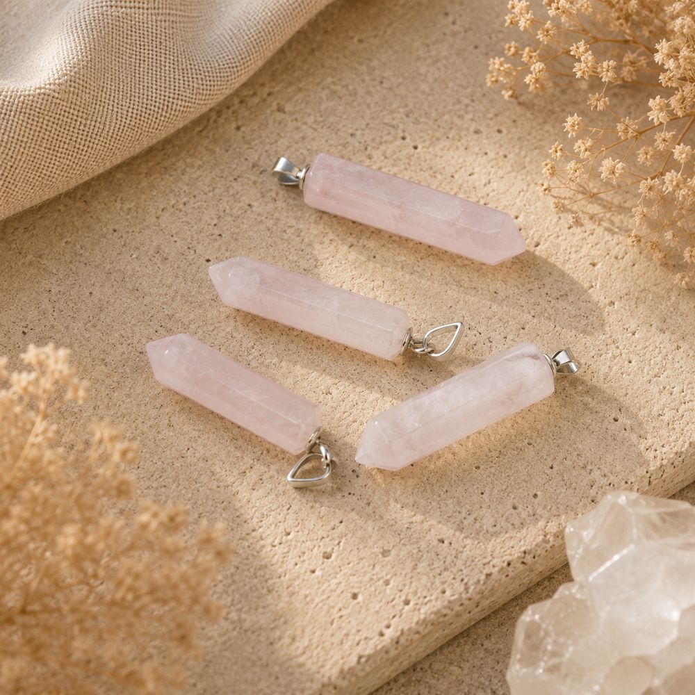 Rose Quartz crystal point pendants with silver loops on a neutral stone background.