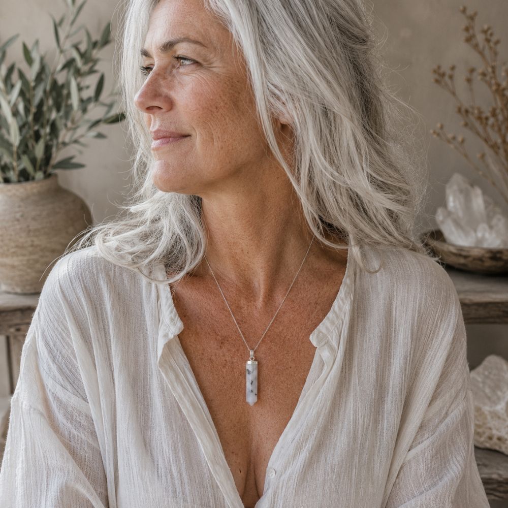 Woman wearing a Tourmalinated Quartz crystal point pendant on a simple silver chain.