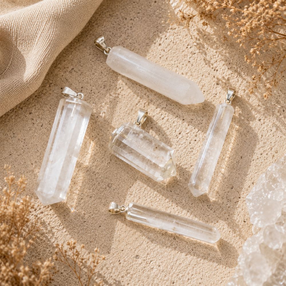 Person wearing a Clear Quartz point pendant on a delicate silver chain with neutral clothing in warm natural light.
