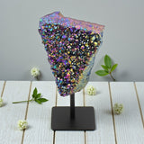 Rainbow Aura on Metal Base Stand on a stand with a gray background