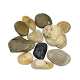 A group of smooth, polished river stones in various earthy tones including beige, brown, gray, and one dark charcoal piece, arranged on a plain white background.