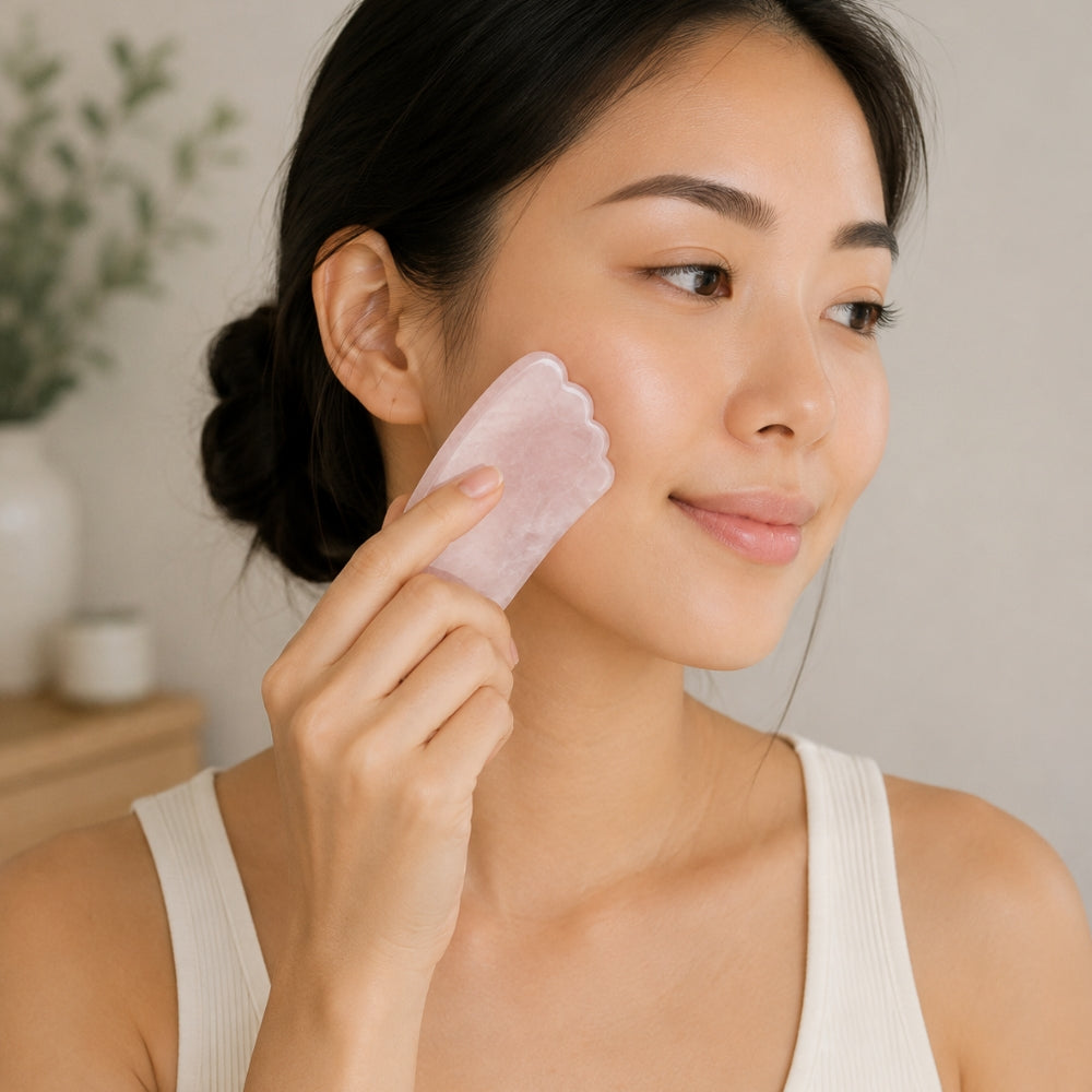 Woman using a pink facial tool on her face in a home setting
