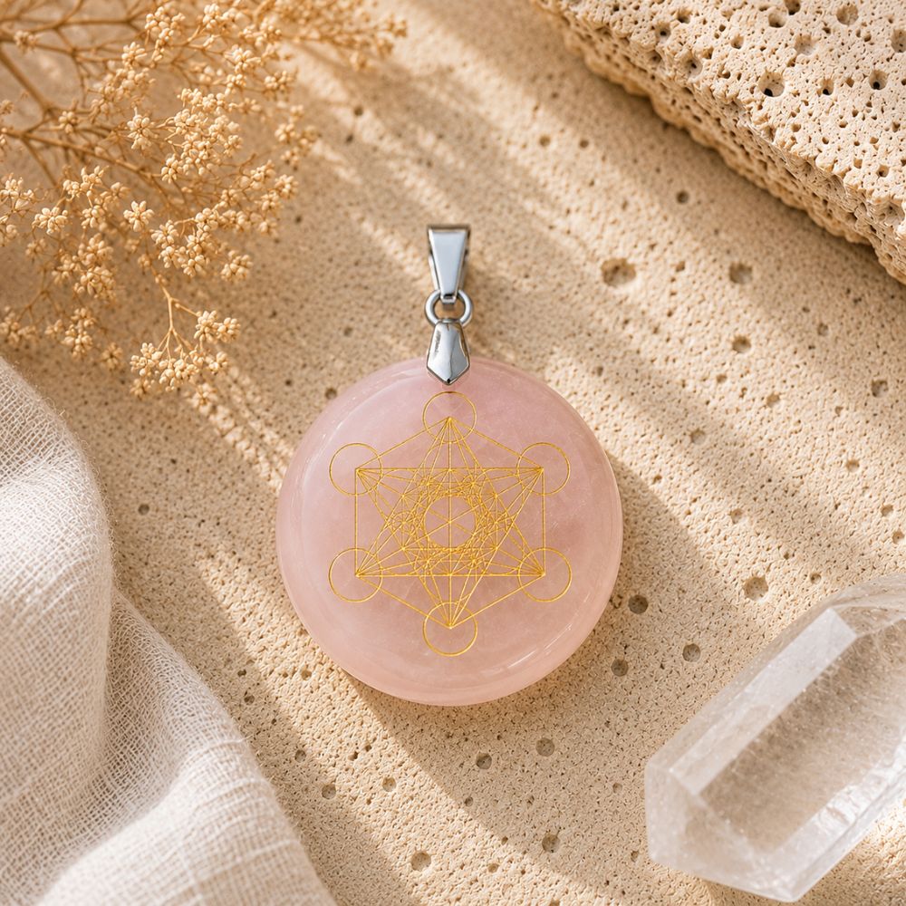 A round pink stone pendant with a gold-toned geometric symbol, hanging from a silver-toned bail, styled on a textured beige surface with dried flowers and a crystal cluster.