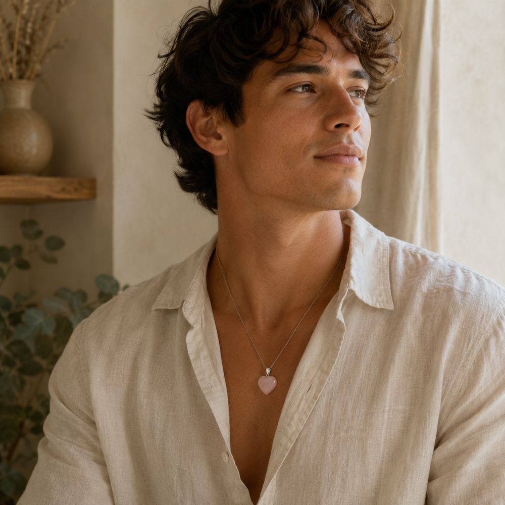 Man wearing a Rose Quartz mini heart pendant necklace 