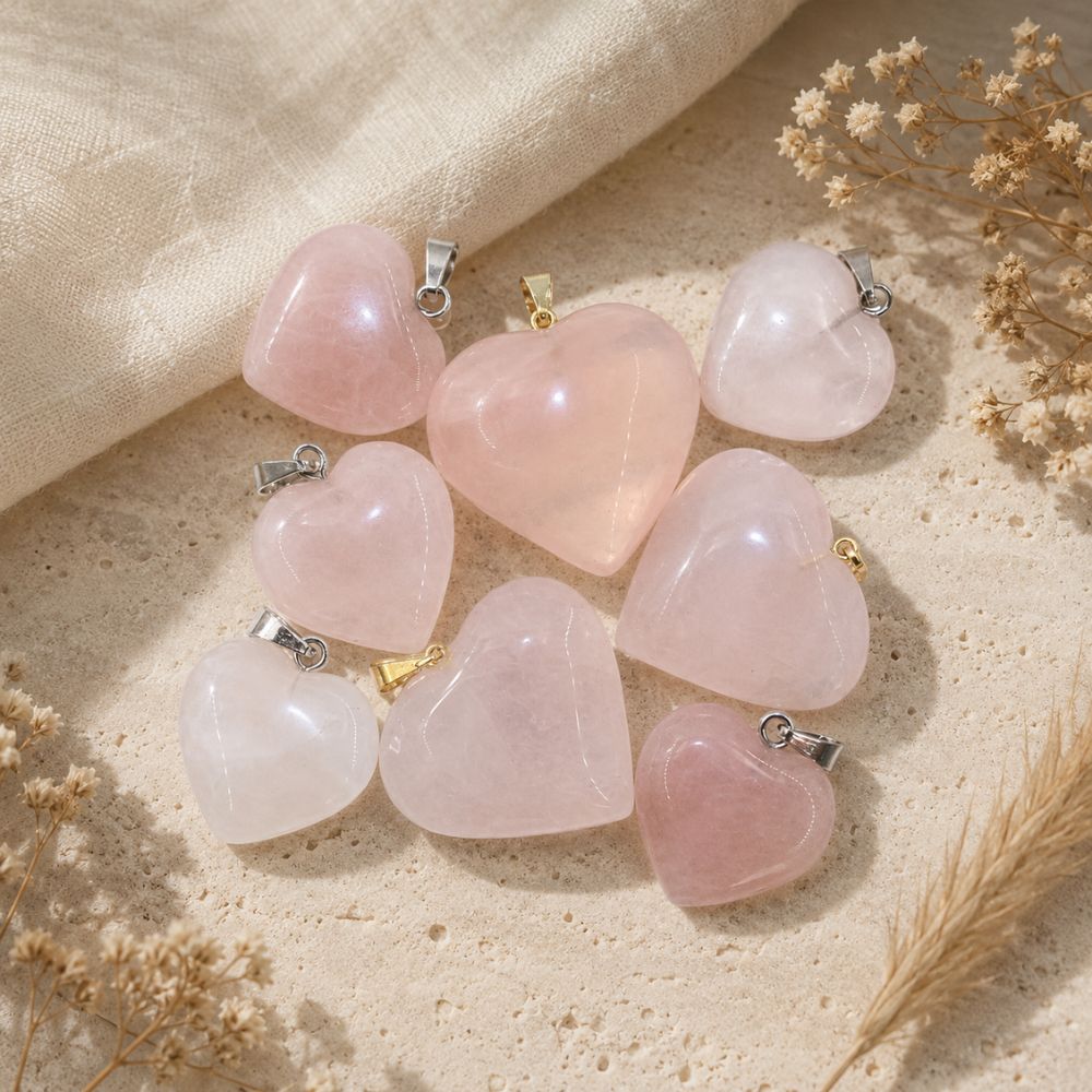 Rose Quartz mini heart pendants displayed on a natural stone surface