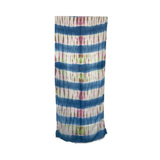 Striped scarf with blue, white, and multicolor pattern on a white background