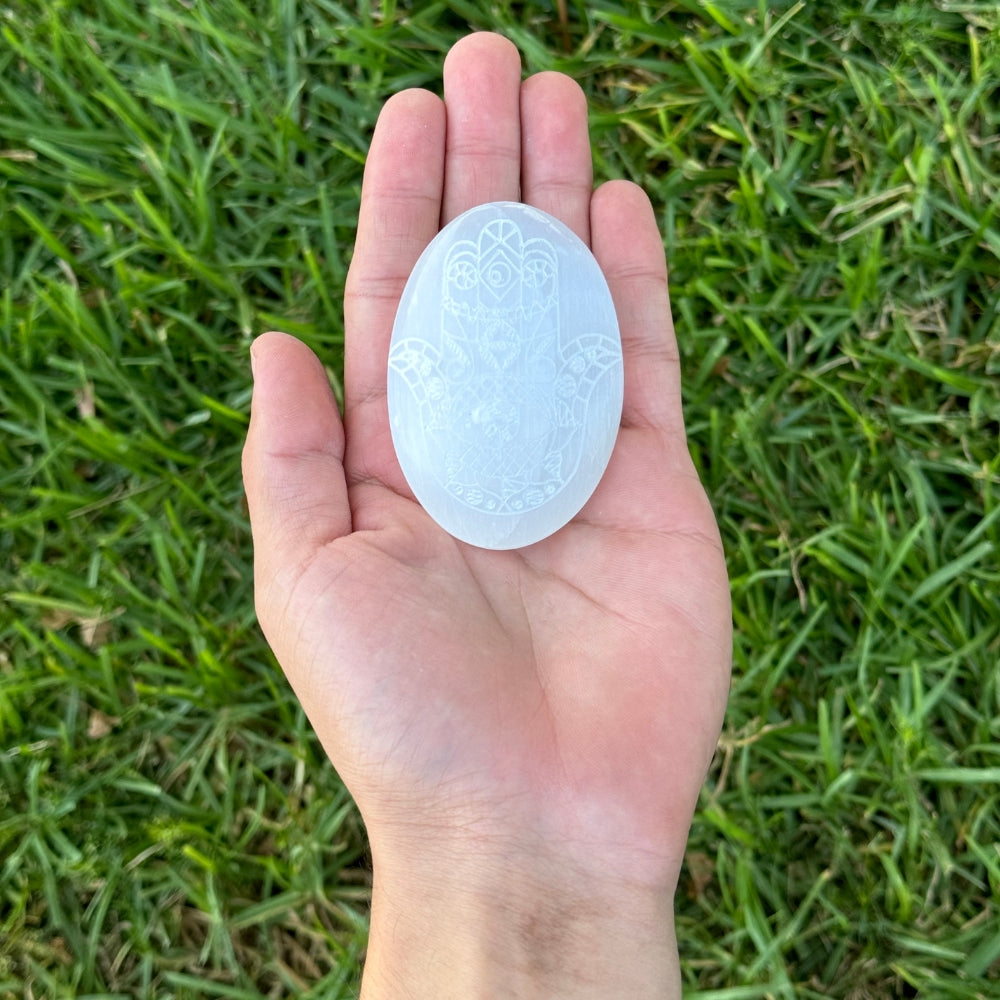 Hamsa Selenite Engraved Palmstone