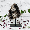 Smoky Quartz Cluster on Stand on a stand with flowers and leaves on a marble background