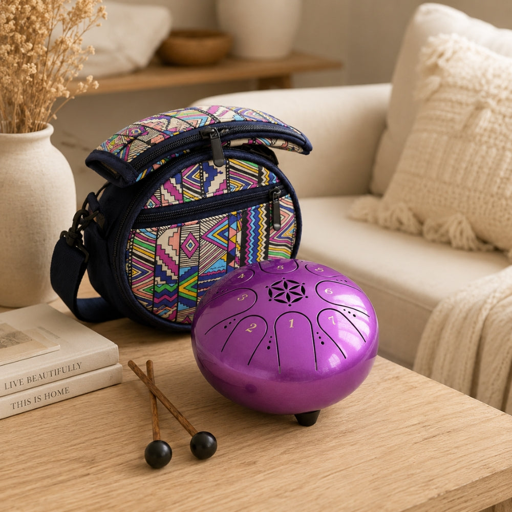 A purple steel tongue drum and its colorful geometric patterned carrying bag are displayed on a wooden table in a cozy living room setting.