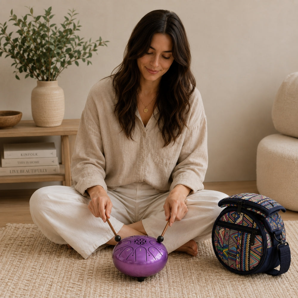 A woman sits cross-legged on a woven rug indoors, playing a purple steel pan drum with two mallets. A patterned round carrying case rests beside her.