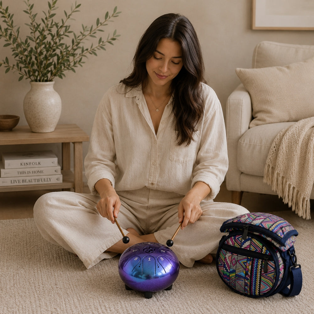 A woman sits cross-legged on a beige carpet in a cozy living room, playing a metallic purple steel pan drum. A colorful patterned carrying case with a blue strap sits beside her.