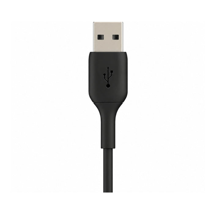 A close-up of a black USB-A to USB-A cable connector on a plain white background.