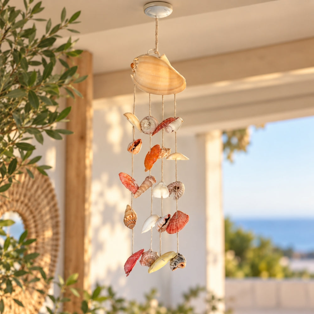 A hanging shell wind chime with multiple natural seashells on strings, suspended from a ceiling outdoors on a porch with a blurred sea and plants in the background.