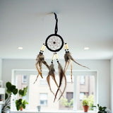 Dreamcatcher with feathers hanging against a blurred indoor background