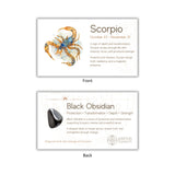 Card with Scorpio zodiac sign and black obsidian stone, featuring text about its properties.