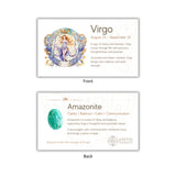 Card with Virgo zodiac sign and Amazonite stone information on a white background