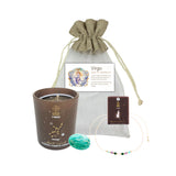 Candle with 'Virgo' label, drawstring bag, necklace, and crystal on a white background