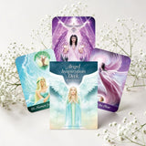 Angel Inspiration Deck tarot cards with a white background and small flowers.