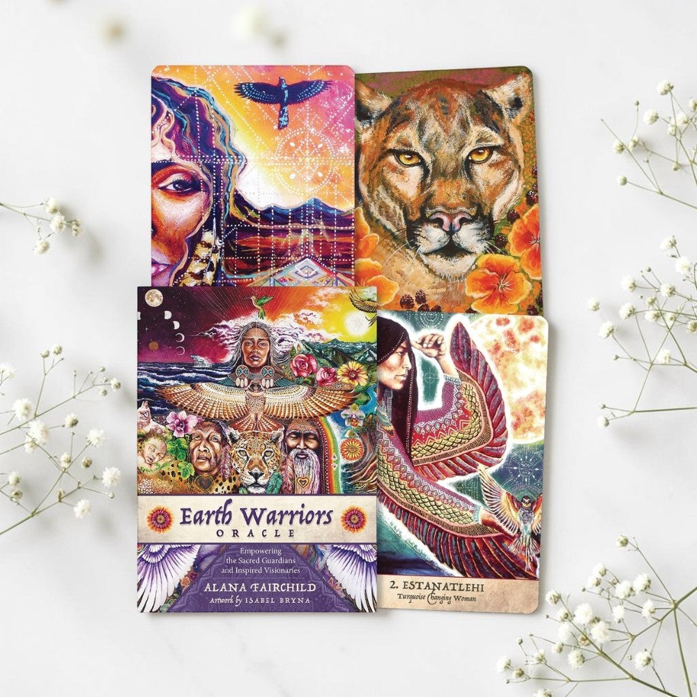 Earth Warriors Oracle cards on a white background with decorative elements