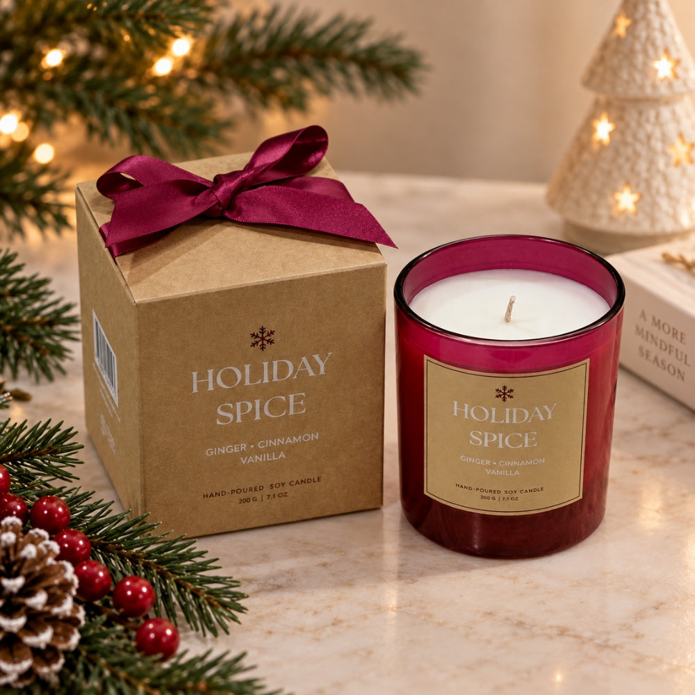 A holiday-themed scented candle in a dark red glass jar next to its kraft paper packaging box, both labeled 'Holiday Spice'. The scene is decorated with pine branches, red berries, and warm string lights on a marble surface.