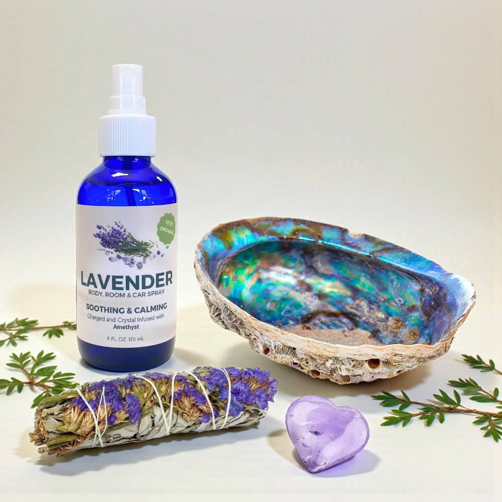 I Am Peaceful Bundle with lavender spray, abalone shell, sage bundle and amethyst heart