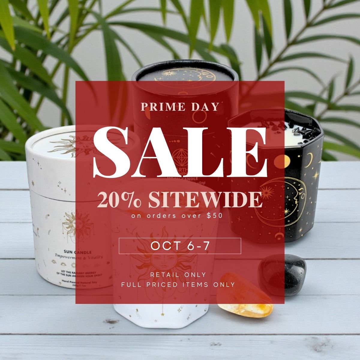 Promotional graphic for Prime Day sale with candles on a wooden surface.