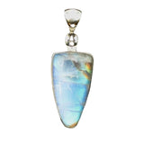 A sterling silver pendant necklace featuring a natural color Rainbow Moonstone gemstone with a distinct blue shimmer.