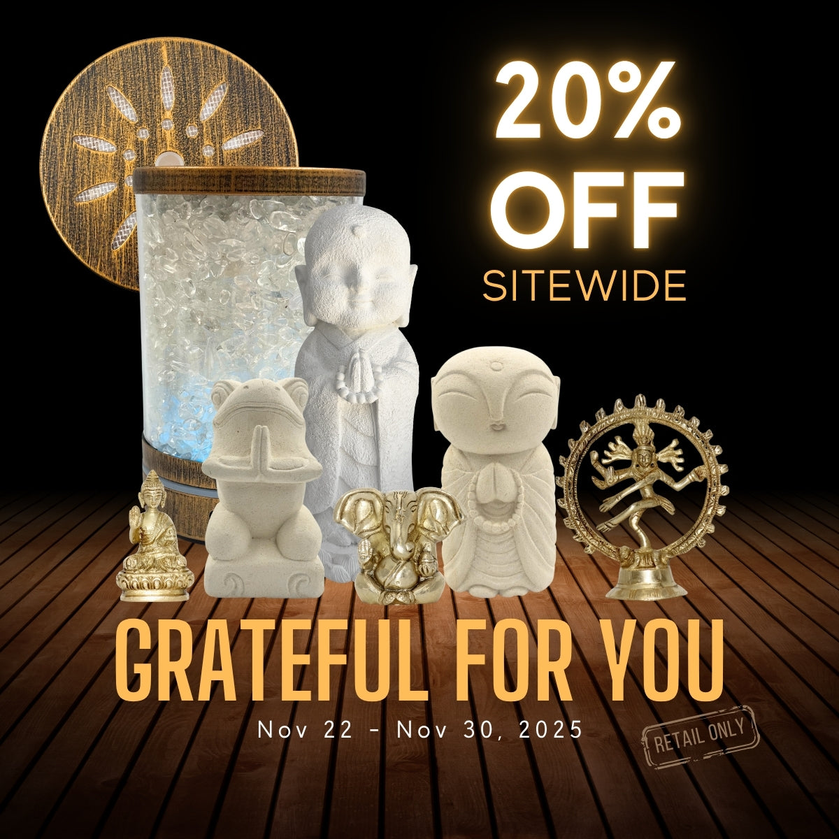 Decorative items on a wooden surface with a promotional message for a 20% site-wide discount.