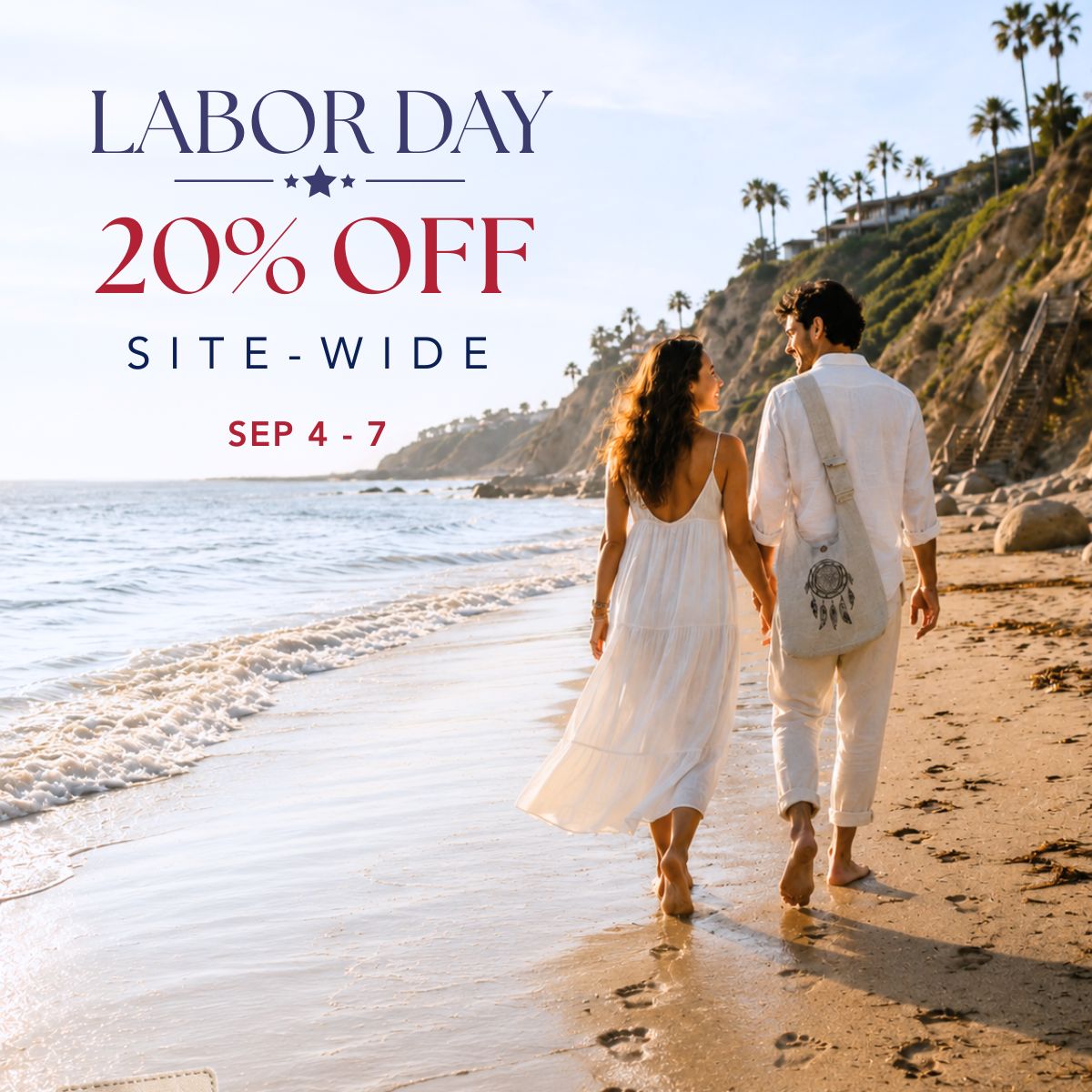 Couple walking barefoot along a sunny California beach, wearing relaxed neutral clothing and an Earths Elements shoulder bag.